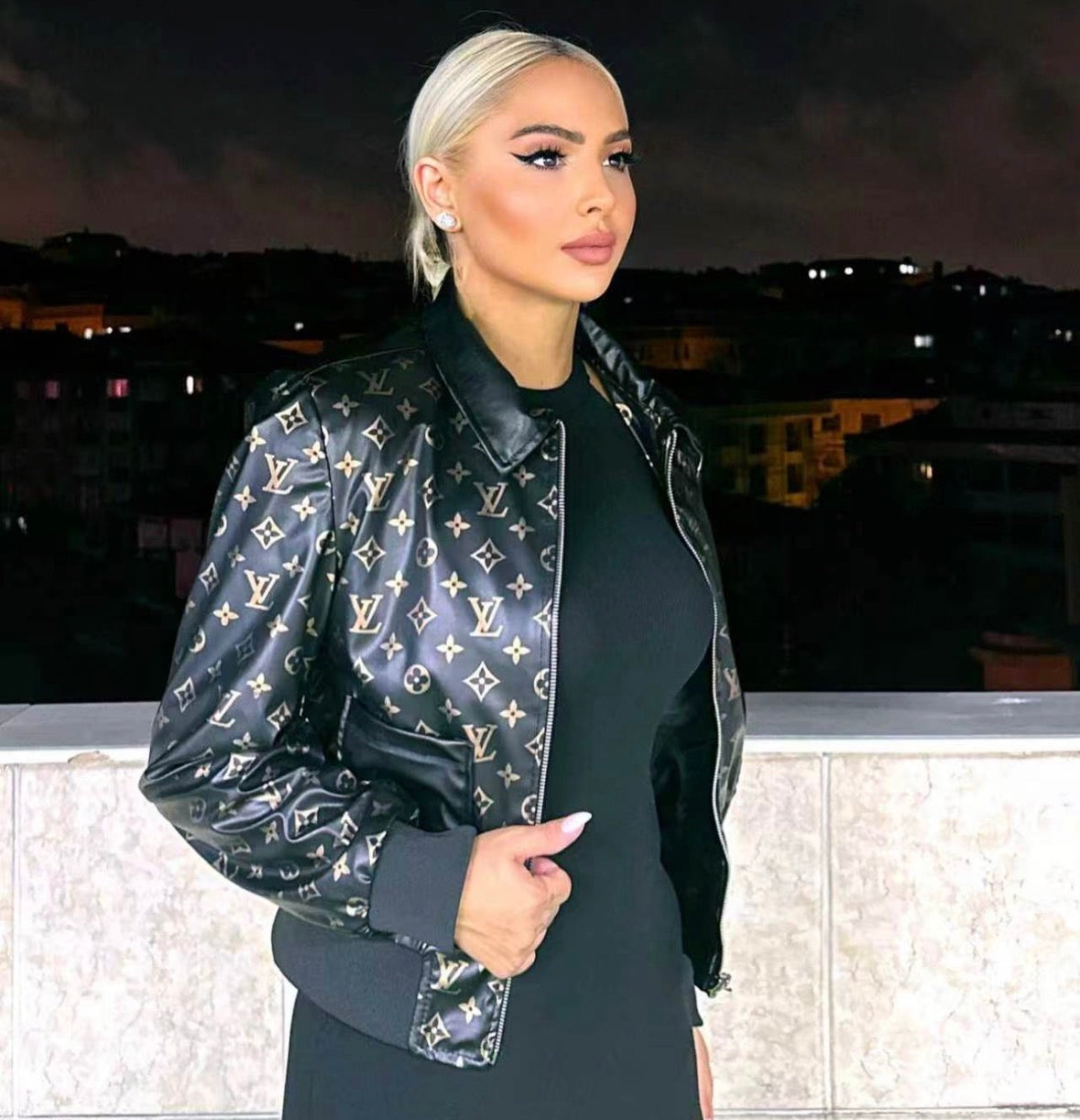 Black & Gold Leather LV Varsity Jacket