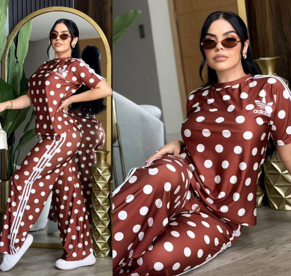 Adidas Polka Dot Two Piece Flared Pants Sets