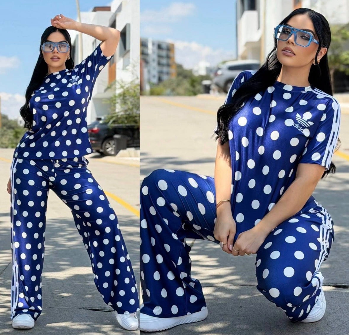 Adidas Polka Dot Two Piece Flared Pants Sets