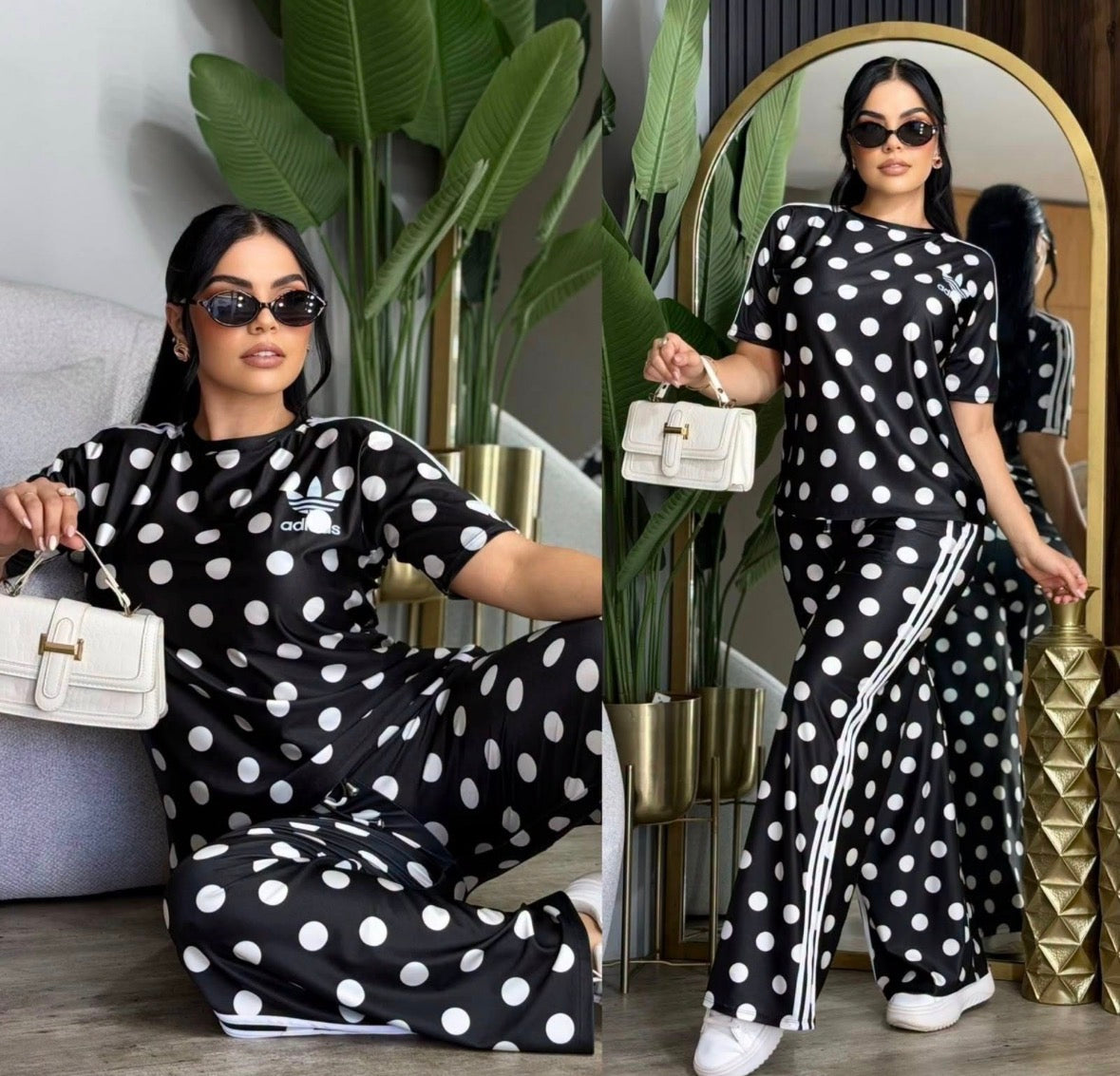 Adidas Polka Dot Two Piece Flared Pants Sets